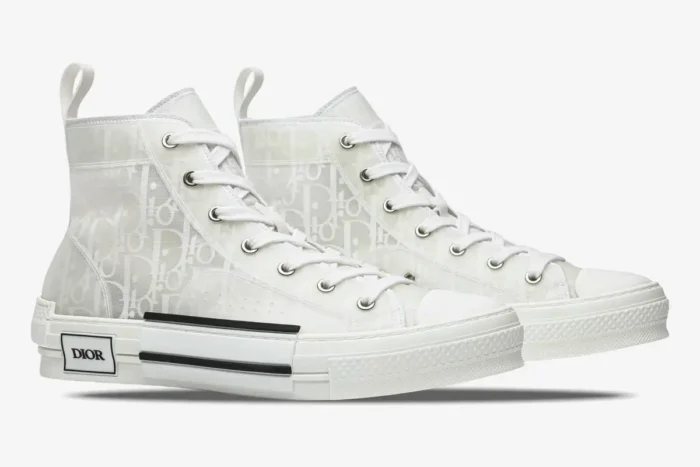 Dior B23 High 'Raised Dior Oblique' sneakers in transparent white, side profile view. - SKU 3SH129ZOO_H060