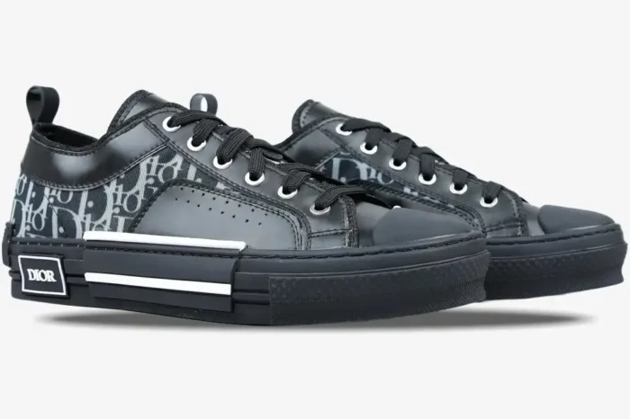 Dior B23 Low Top Oblique Canvas sneakers in black and grey, side three-quarter view on white background. - SKU 3SN249YNT_H960