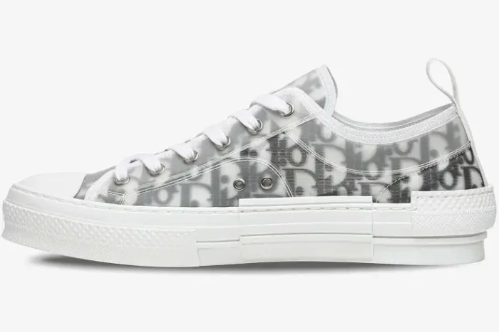 Side profile of Dior B23 Low Top sneakers in white and grey oblique canvas with transparent paneling. - SKU 3SN249YJP_H069