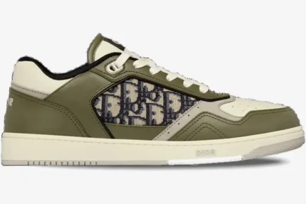 Side profile of a Dior B27 Low sneaker in olive green and beige with Oblique Jacquard panel. - SKU 3SN272ZIR_H661