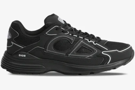 Side profile of a black Dior B30 sneaker with mesh panels and reflective 'CD' logo. - SKU 3SN279ZRF_H900