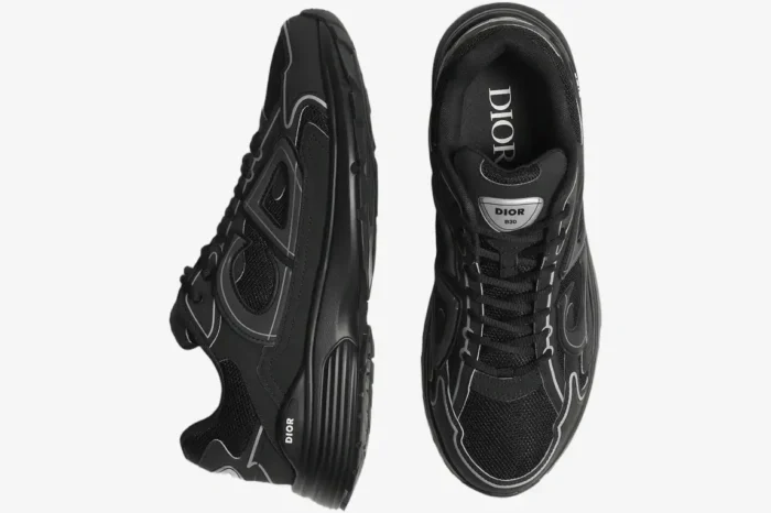 Side and top-down views of black Dior B30 sneakers featuring mesh and technical fabric details. - SKU 3SN279ZRF_H900