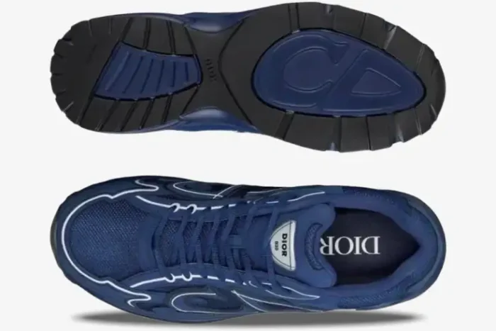 Top-down and sole views of the Dior B30 sneaker in deep blue mesh and technical fabric. - SKU 3SN272ZOT_H560