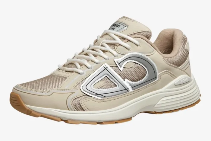 Dior B30 Sneaker in beige cream technical mesh, side profile view with silver CD logo. - SKU 3SN279ZMA_H161