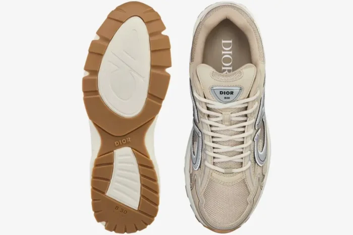 Top and sole view of Dior B30 sneakers in beige cream technical mesh. - SKU 3SN279ZMA_H161