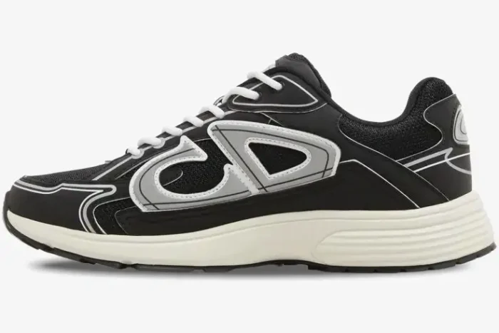 Dior B30 sneaker in black, white, and grey technical mesh, side profile view. - SKU 3SN279ZMB_H969