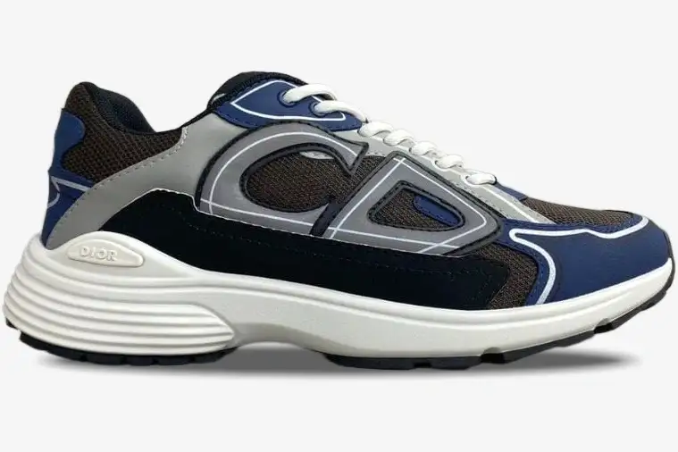 dior-b30-sneaker-blue-grey-black-side-view-3sn279zrb-h865-653-583 Dior B30 sneaker in blue, grey, and black technical mesh, side profile view with white sole. - SKU 3SN279ZRB_H865