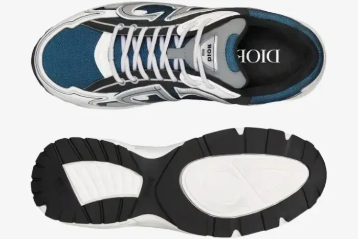 Top and bottom view of Dior B30 mesh and technical fabric sneakers in blue, grey, and white. - SKU 3SN249YXE_H561