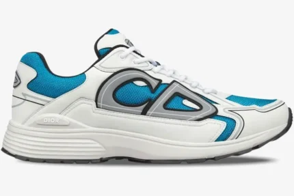 Dior B30 sneaker in white, blue, and grey technical mesh, side profile view. - SKU 3SN279ZRD_H065