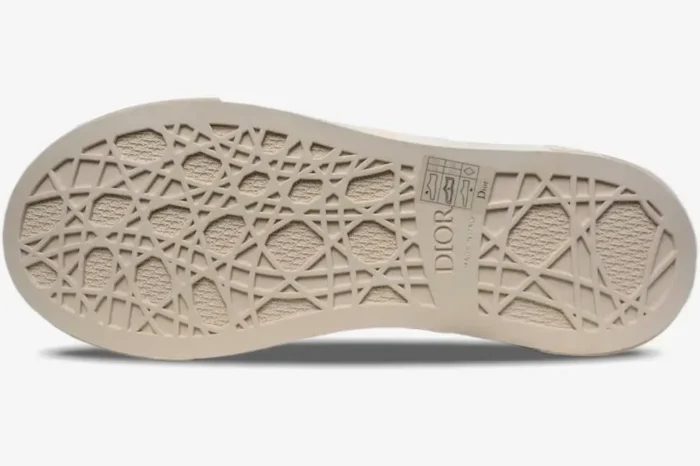 Bottom sole view of a Dior B33 Women's Sneaker in cream featuring an intricate geometric pattern. - SKU 3SN303ZWN_H858