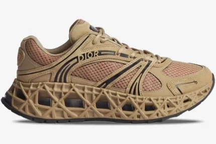 Dior B35 NXXT sneaker in beige suede and red mesh, side profile view with lattice midsole. - SKU 3SN323AAY_H134