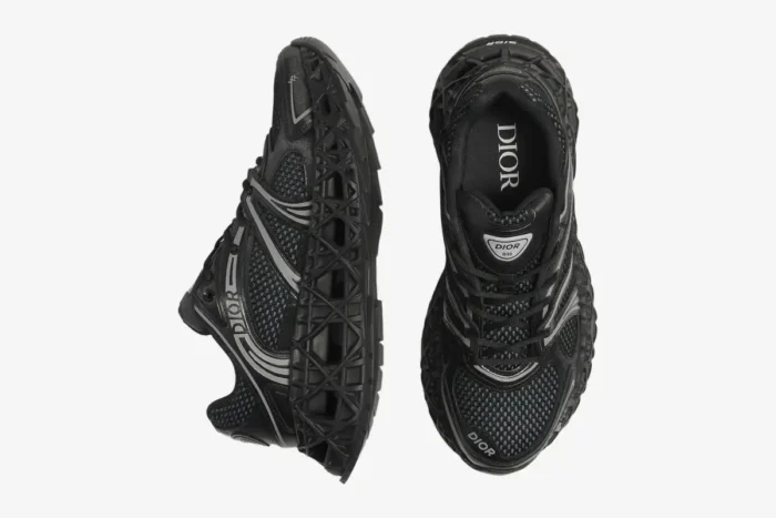 Black Dior B35 NXXT sneakers featuring a 3D-printed lattice sole, side profile and top-down view. - SKU 3SN323ZCY_H968