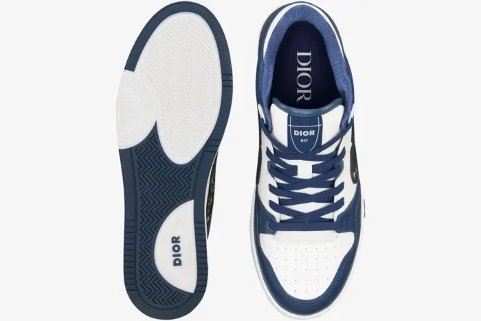 Top-down view of Dior B57 blue and white leather low-top sneakers showing sole and upper. - SKU 3SN318ZXU_H553