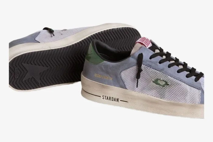 Golden Goose Stardan sneakers in powder blue suede and white mesh, side and sole view. - SKU GMF00479.F007369.82953