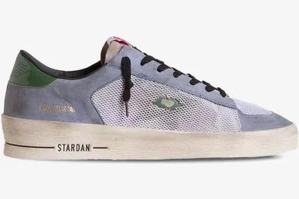 Golden Goose Stardan sneaker in powder blue suede and green leather, side profile view. - SKU GMF00479.F007369.82953