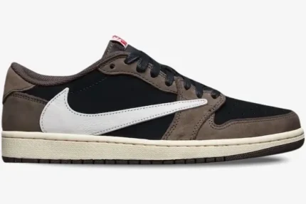 Side view of Air Jordan 1 Low x Travis Scott Dark Mocha sneaker with a backward white Swoosh. - SKU CQ4277-001