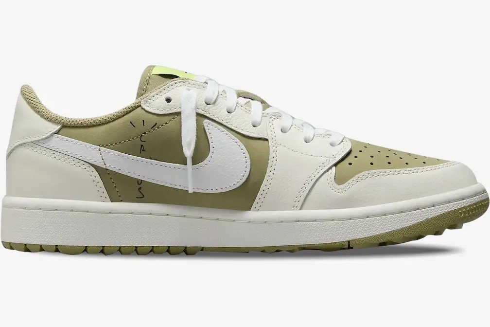 jordan-1-low-travis-scott-golf-neutral-olive-fz3124-200-224-471 Medial side profile of Air Jordan 1 Low x Travis Scott Golf in Neutral Olive and Sail. - SKU FZ3124-200