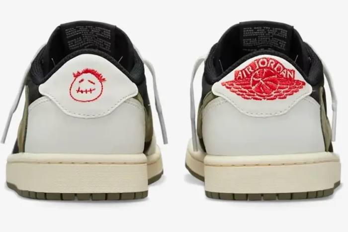 Rear view of Air Jordan 1 Low x Travis Scott Medium Olive sneakers with red embroidered heel logos. - SKU DZ4137-106