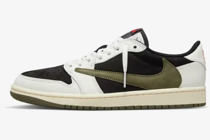 Lateral view of Air Jordan 1 Low x Travis Scott Medium Olive sneakers with reversed olive swoosh. - SKU DZ4137-106