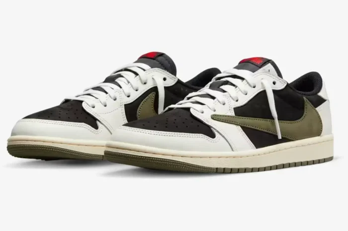 Air Jordan 1 Low x Travis Scott Medium Olive sneakers, three-quarter front view showing reverse swoosh. - SKU DZ4137-106