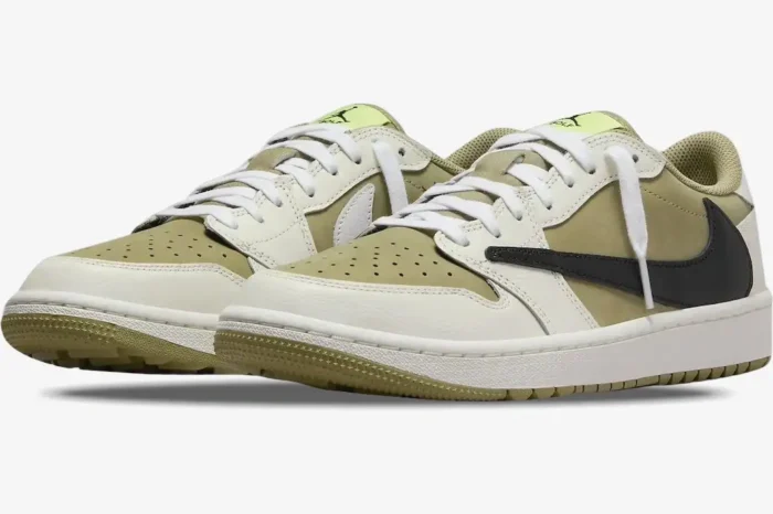 Air Jordan 1 Low x Travis Scott 'Neutral Olive' Golf sneakers with reverse black swoosh, three-quarter front view. - SKU FZ3124-200