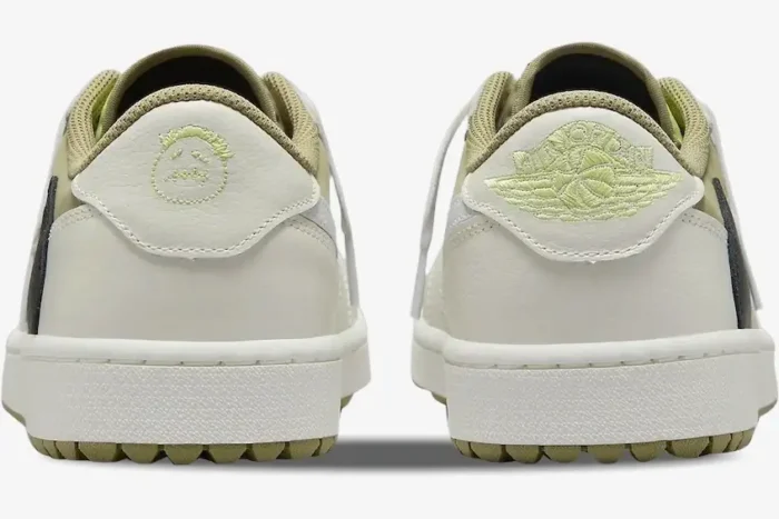 Rear view of Air Jordan 1 Low x Travis Scott Neutral Olive Golf shoes with embroidered heel logos. - SKU FZ3124-200