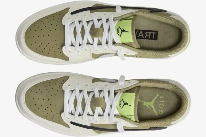Top-down view of Air Jordan 1 Low x Travis Scott Neutral Olive Golf Edition sneakers with white laces. - SKU FZ3124-200