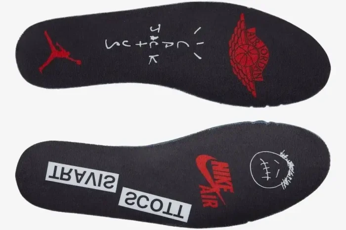 Top-down view of black insoles for Air Jordan 1 Low OG x Travis Scott Black Phantom with red and white logos. - SKU DM7866-001
