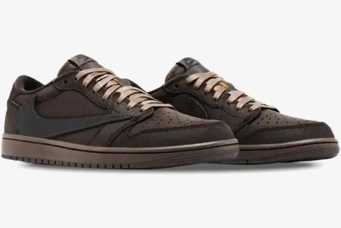 Air Jordan 1 Low OG SP x Travis Scott Velvet Brown sneakers shown from a three-quarter side angle. - SKU DM7866-202