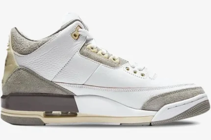 Side view of the Air Jordan 3 Retro x A Ma Maniere SP in white leather with grey suede accents. - SKU DH3434-110