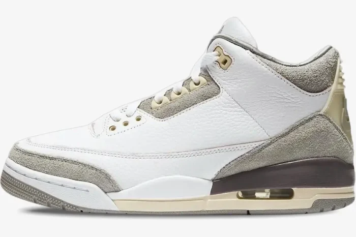 Side profile of Air Jordan 3 Retro x A Ma Maniere SP in white and grey suede with cream accents. - SKU DH3434-110