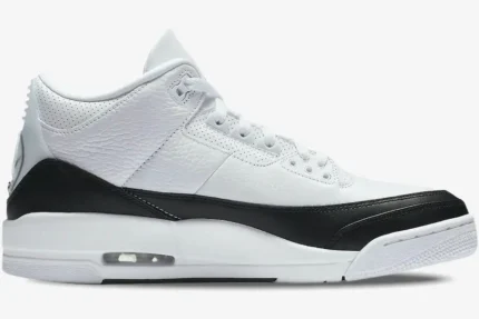Side profile of Air Jordan 3 Retro x Fragment Design in white and black tumbled leather. - SKU DA3595-100