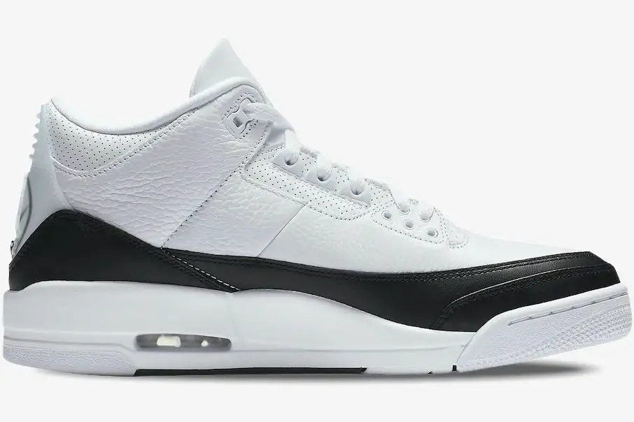 jordan-3-retro-fragment-white-black-side-da3595-100-104-859 Side profile of Air Jordan 3 Retro x Fragment Design in white and black tumbled leather. - SKU DA3595-100