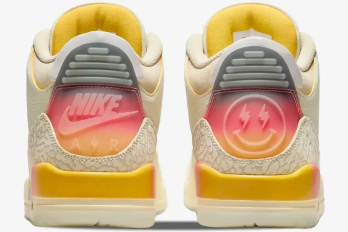 Rear view of Air Jordan 3 Retro x J Balvin Medellín Sunset sneakers with gradient heel tabs. - SKU FN0344-901