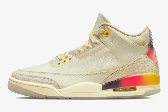 Side profile of Air Jordan 3 Retro x J Balvin Medellín Sunset sneaker in cream with gradient heel. - SKU FN0344-901