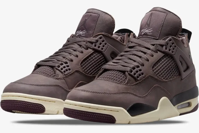 Air Jordan 4 Retro x A Ma Maniére Violet Ore sneakers in a front three-quarter view. - SKU DV6773-220