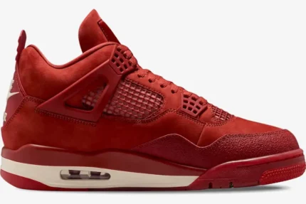 Side profile of the red suede Air Jordan 4 Nigel Sylvester Bike Air sneaker with sail midsole. - SKU HF4340-800