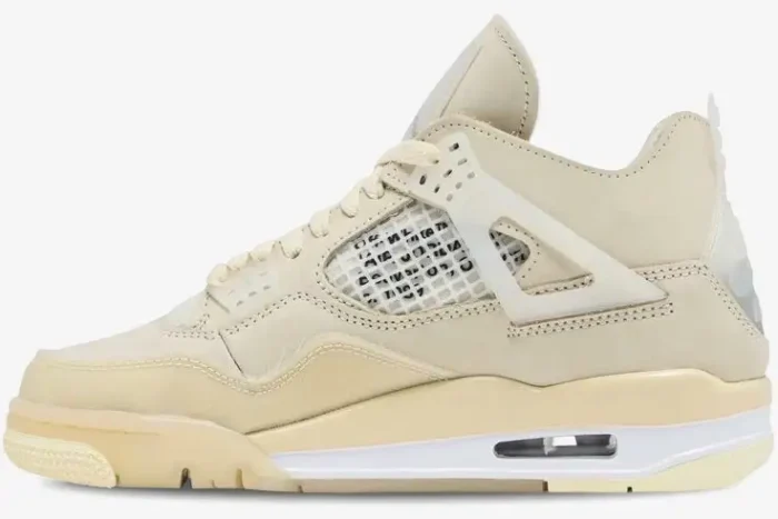 Side profile of the Air Jordan 4 Retro x Off-White Sail women's sneaker in a cream colorway. - SKU CV9388-100