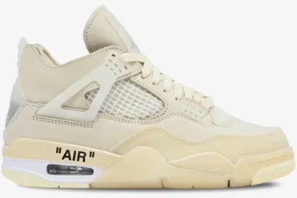 Side view of the Air Jordan 4 Retro x Off-White Sail women's sneaker in cream with 'AIR' text. - SKU CV9388-100