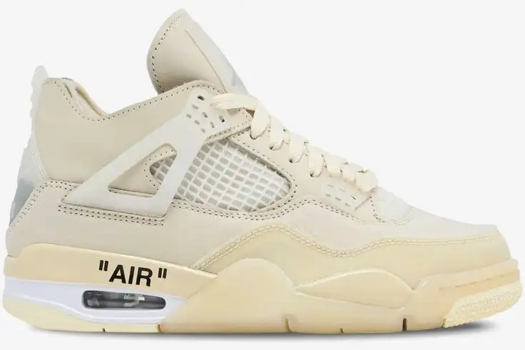 jordan-4-retro-off-white-sail-side-view-cv9388-100-985-038 Side view of the Air Jordan 4 Retro x Off-White Sail women's sneaker in cream with 'AIR' text. - SKU CV9388-100