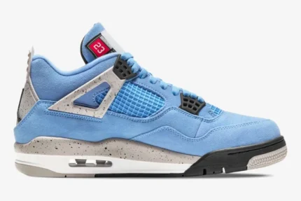 Air Jordan 4 Retro University Blue sneaker in a side profile view with blue suede and speckled grey accents. - SKU CT8527-400