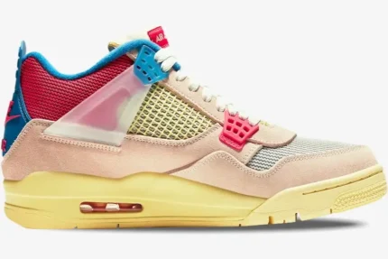 Side profile of Air Jordan 4 x Union LA Guava Ice sneakers with pink suede and blue accents. - SKU DC9533-800