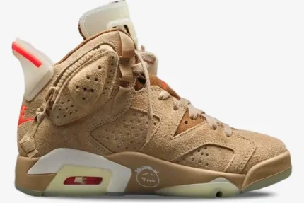 Side profile of the Air Jordan 6 Retro x Travis Scott sneaker in British Khaki suede with a small pouch. - SKU DH0690-200