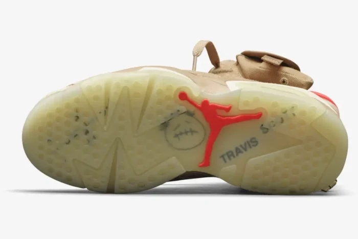 Sole view of the Air Jordan 6 Retro x Travis Scott British Khaki with red Jumpman and logos. - SKU DH0690-200