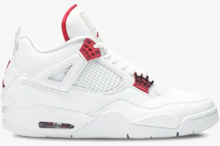 jordan-air-jordan-4-retro-red-metallic-side-ct8527-112-405-852 Side profile of the Air Jordan 4 Retro Red Metallic sneaker in white with metallic red accents. - SKU CT8527-112