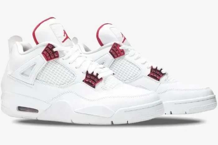 Jordan Air Jordan 4 Retro Red Metallic sneakers in white with red accents, side profile view. - SKU CT8527-112