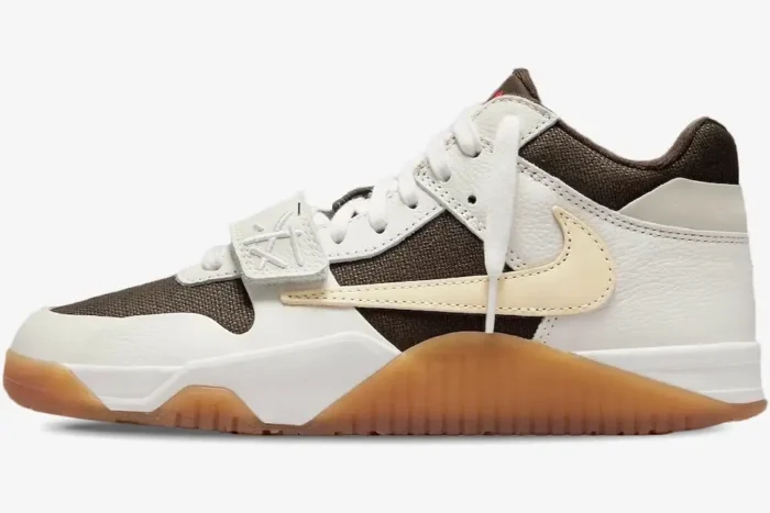 Side profile of the Air Jordan Jumpman Jack TR x Travis Scott Sail sneaker with reverse swoosh and gum rubber sole. - SKU FZ8117-100