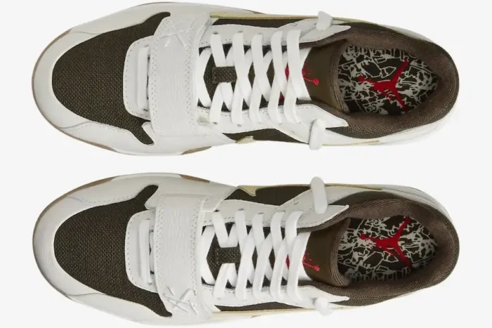 Top-down view of Air Jordan Jumpman Jack TR x Travis Scott Sail sneakers with white laces and brown mesh. - SKU FZ8117-100