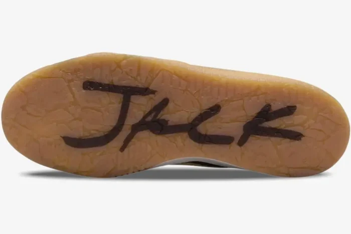Bottom view of the Air Jordan Jumpman Jack TR x Travis Scott Sail gum sole with Jack graphic. - SKU FZ8117-100