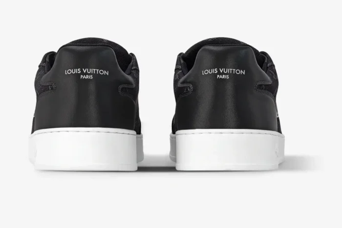 Rear view of Louis Vuitton Beverly Hills black leather sneakers with white soles and logo heel tab. - SKU 1A5UFL